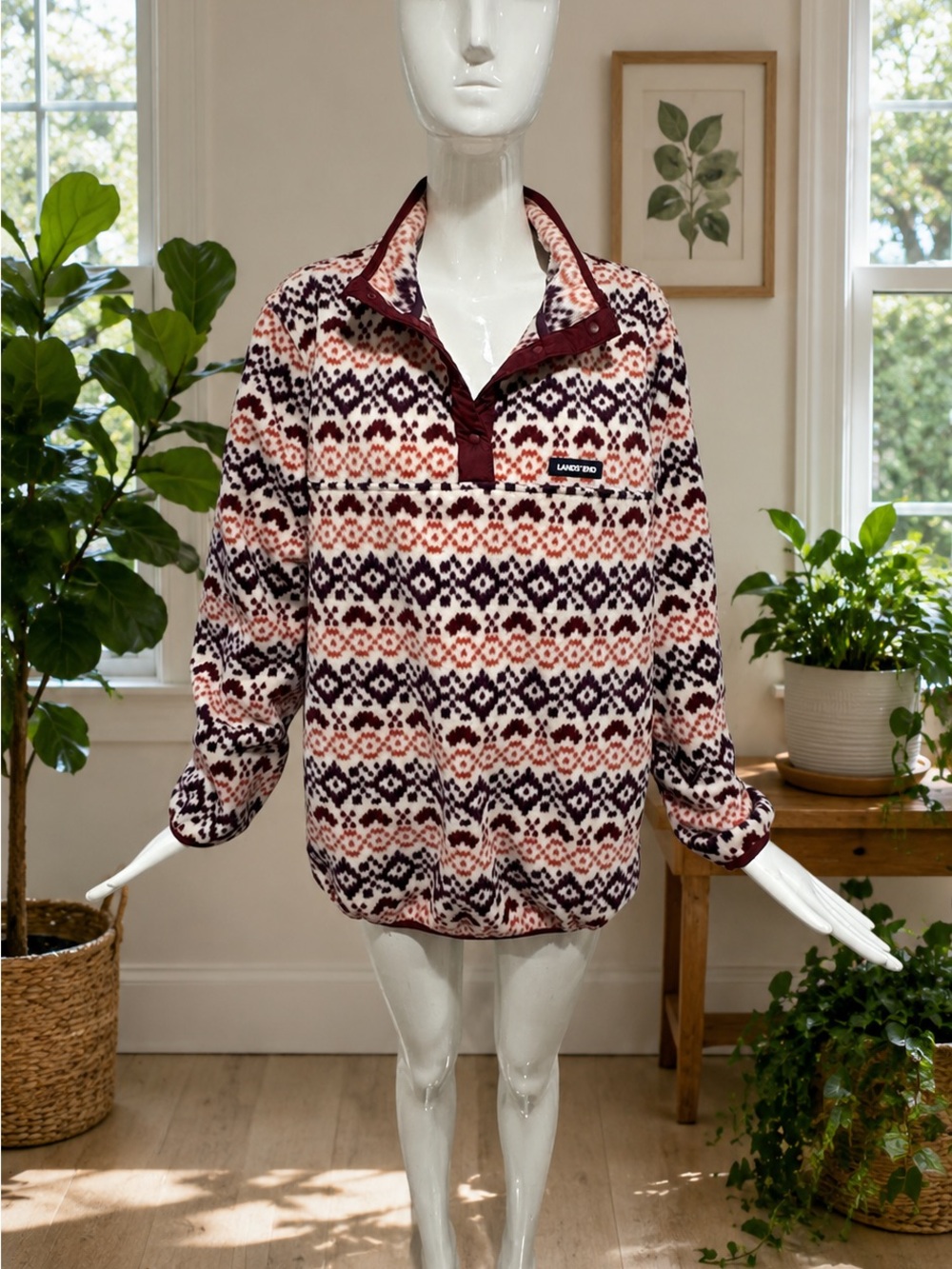 Lands’ End Fair Isle Fleece Pullover Sweater Cozy Nordic Cottagecore